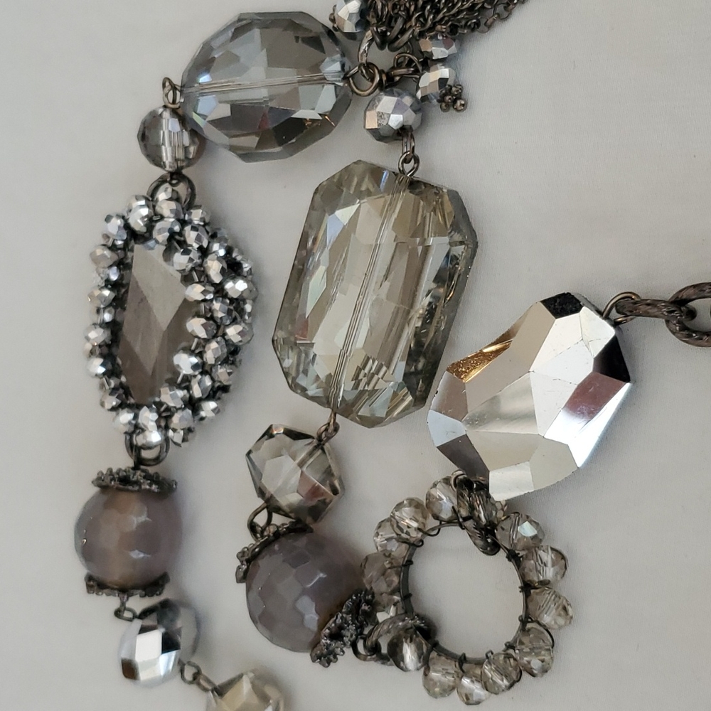 Silver Gem Sparkly Mixed Texture Long Gunmetal Silver Tone Long Necklace - Picture 4 of 11